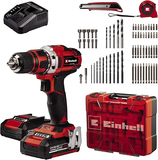 Einhell Akku-Bohrschrauber-Set TE-CD 18/40 Li +69 (2x2,0 Ah) Power X-Change (Lithium Ionen, 2 Gang, 40 Nm, inkl. 2x Akku + Ladegerät, Koffer + 69-tlg. Zubehör)