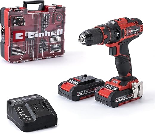 Einhell Akku-Bohrschrauber-Set TE-CD 18/40 Li +69 (2x2,0 Ah) Power X-Change (Lithium Ionen, 2 Gang, 40 Nm, inkl. 2x Akku + Ladegerät, Koffer + 69-tlg. Zubehör)