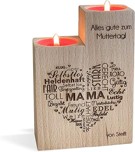Personalisierter Kerzenhalter aus Holz, Graviertes Herz, Muttertagsgeschenk, Holzherz gravur, Geschenke für Mama, Herz aus graviert Worten, Set 2 Teelichthalte, Kerzenleuchter, Wortgravur, Muttertag